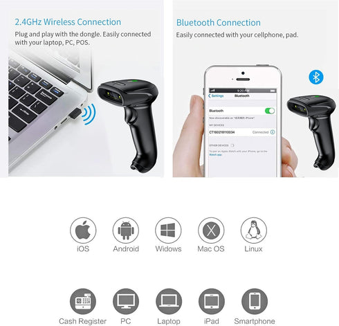 Symcode Bluetooth Barcode Scanner, Handheld USB CCD Cordless Reader with 2.4G Wireless & Bluetooth Function, Compatible