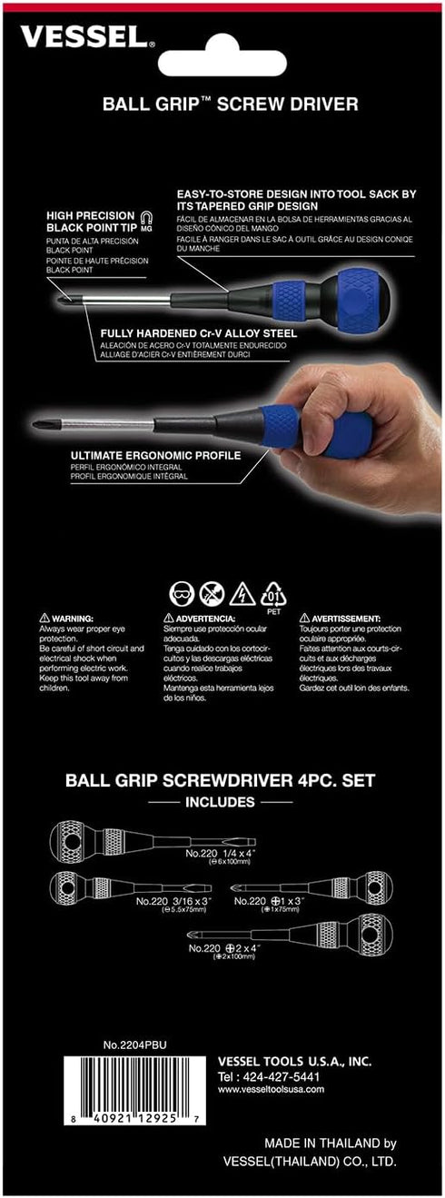 4PC. Set, 2204PBU VESSEL BALL GRIP Screwdriver Red/Blue
