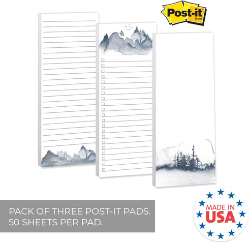 Watercolor Mountain Range Sticky Note Assortment, Set of 3 Blue Landscape Note Pads, 3" x 8" Daily Task Trackers