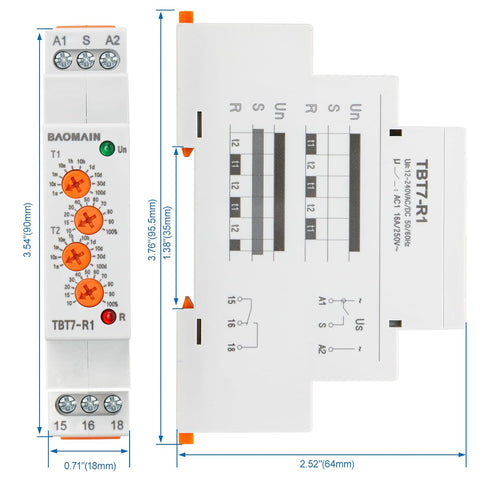 Baomain 16A SPDT Asymmetric Cycler Time Relay, Repeat Cycle Time Relay for Room Ventilation, TBT7-R1