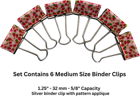 Fun Strawberry Print Binder Clips - 1 1/4"" Size, Set of 6, Red, Pink, Silver