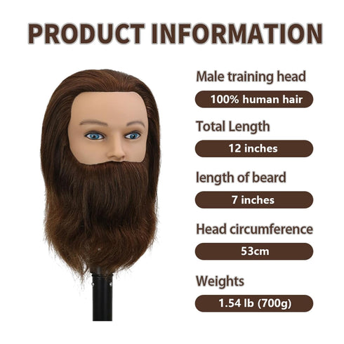 sirydtm 12" 100% Stand(4) Barber Mannequin Head Male Real Hair Blue eyes Mannequin Head with Human Hair Styling