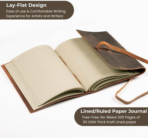 LEATHER VILLAGE Leather Bound Journal, Writing Notebook for Men Women, 300 Kraft Pages, Handmade, Rustic Brown