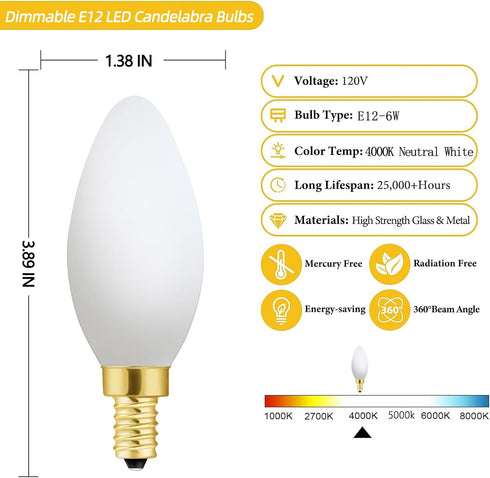 E12 Bulb 6W E12 Bulb 60 4000K AC120V 600LM Dimmable B11 Pack 6 Frosted led Equivalent Candelabra watt Daylight Matt