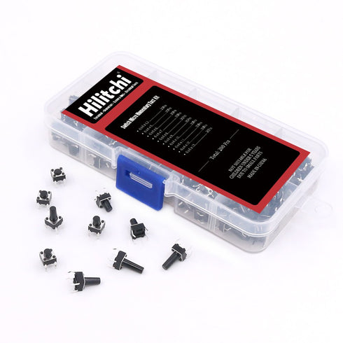 Hilitchi 200-Pcs Tactile Push Button Switch Micro Momentary Tact Assortment Kit, 6 x 6mm, 10 Value / 4 Pins