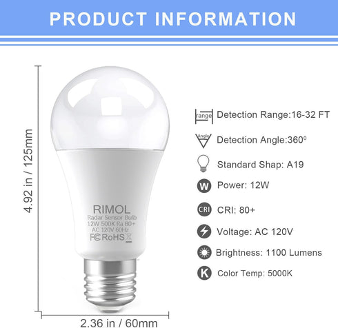 Radar Motion Sensor Outdoor Light Bulb, 12 Watts (100 Watt Equivalent), A19 Daylight, 2 Pack