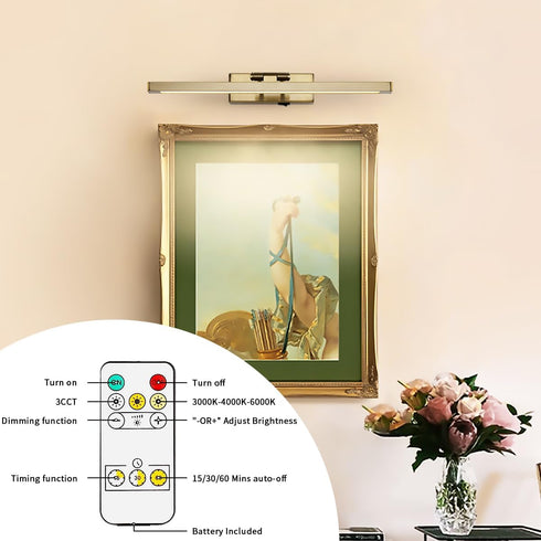 Dimmable 15.7" Wireless Picture Light Battery Operated with Remote LED Art Lights for Paintings Rechargeable Brass