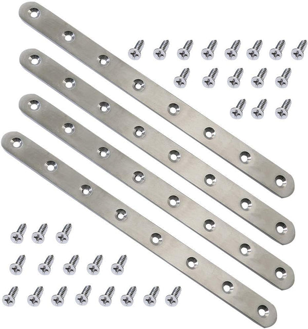 4 pcs 8 Hole Stainless Steel Straight Corner Brackets, 245mm / 9.7" Flat Fixing Mending Brace Plates with Screws