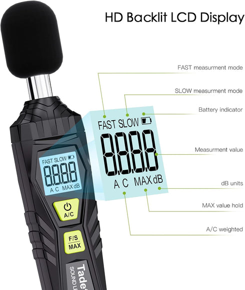 30dB 130dB Decibel Meter, Tadeto Digital Sound Level Meter Portable SPL Meter to MAX Data Hold with LCD Display
