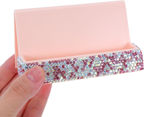 Baluue Rhinestones Business Card Holder Pink Single-sided Desk Organizer with Greeting Card Storage for Office Desktop