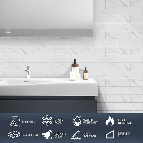 Yew & Tulip 30 PCS Peel and Stick Subway Tile for Kitchen Backsplash, 3"x9" White Marble Faux Stone
