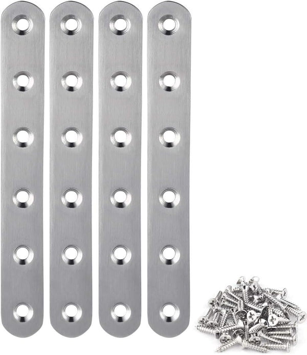 4 Pieces Stainless Steel Straight Brace (6.1 x 0.7 inch) with 24 Screws Included, Flat Straight Brackets
