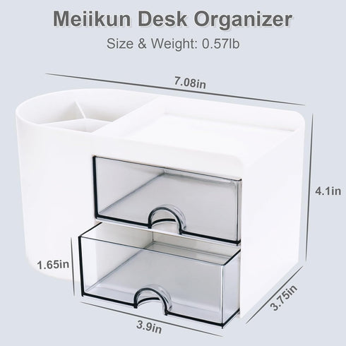 Desk Organizer with Drawer, Small Pencil Holder, 2 Drawers + 4 Compartments for Office Home Storage (White)