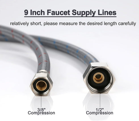Faucet Supply Lines, ARCORA 9" Length Bathroom Kitchen Faucet Connector Braided Nylon Water Supply Line 3/8" Comp x 1/2" Comp 2Pcs (1 Pair)