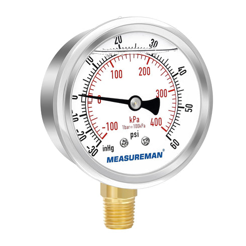 MEASUREMAN 2-1/2" Dial Size, Glycerin Filled Pressure Gauge, 30inHG-60psi, 304 Stainless Steel Case, 1/4"NPT Lower Mount