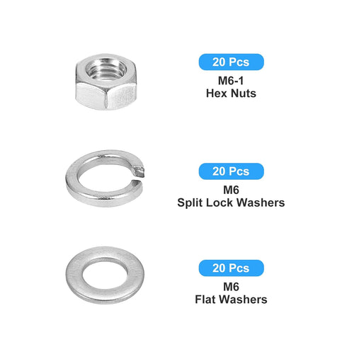 Hex Nuts Assortment Kit, 60Pcs M6-1 Hex Nuts with Flat Washers & Split Lock Washers, 304 Stainless Steel Hardware