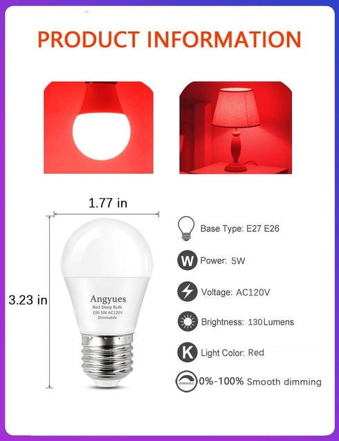 630nm Bulb Dimmable, 100% E26 A15 5W 4Pack Red Sleep Blue Light Blocking, Promotes Melatonin Production, LED Red Dim