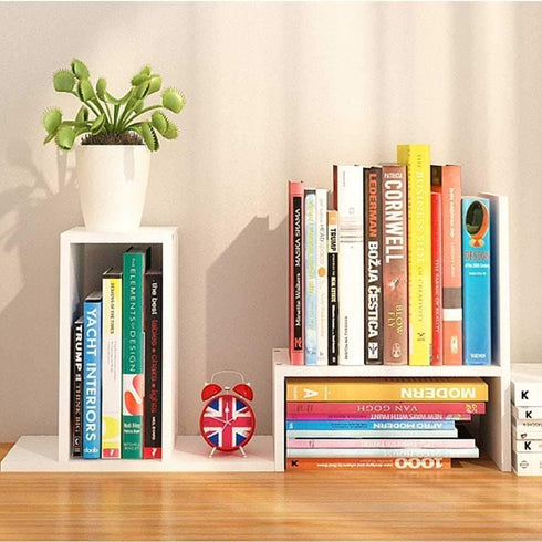 Small Wood Adjustable Desktop Bookshelf, Expandable Storage Organizer for Office Supplies, White