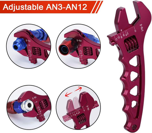 AN Adjustable Wrench, Lightweight Aluminum Hose Fitting Tool Spanner AN3-AN12 (Red)