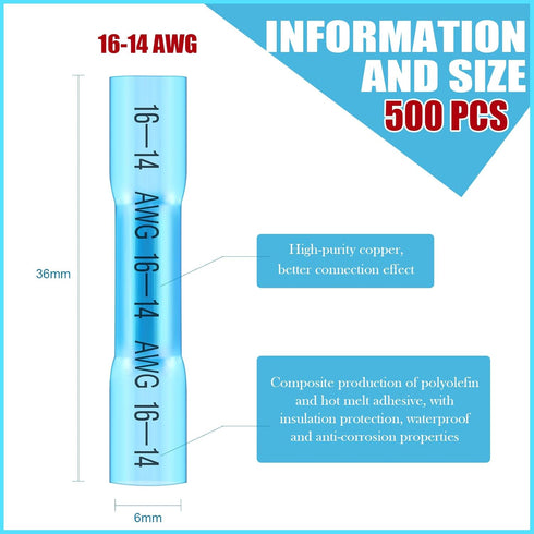 Frienda 500 Pcs Marine Grade Heat Shrink Butt Connectors, Insulated Crimp Wire Connectors, Awg 16-14 (Blue)