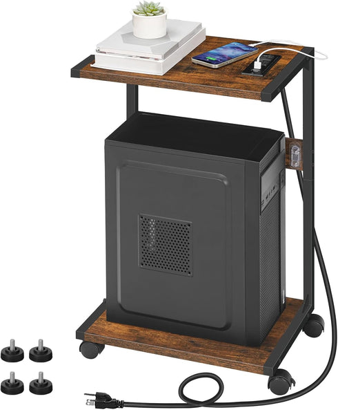 HOOBRO Computer Tower Stand - 2-Tier PC Stand with Charging Station and Locking Caster Wheels for Home Office