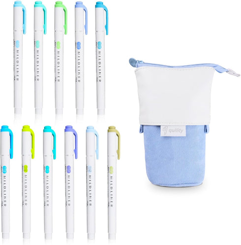 Double-Ended Creative Highlighter Cool Colors (Blue, Green, Dark Blue, Smoke Blue, Lavender, and More) with Blue Pouch