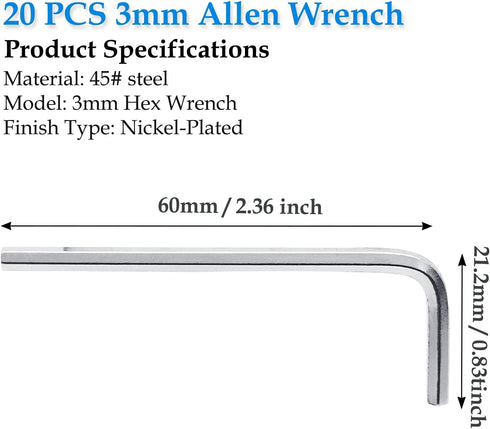 20 PCS 3mm Allen Wrench L-Shaped Hex Key Set, Metric Small Hexagon Wrench Tool for Repairing