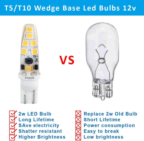 PYJR T10 Wedge Base LED Bulbs 12V Low Voltage 2W 200Lm Warm White for Landscape Pathway Lighting (Pack of 5)