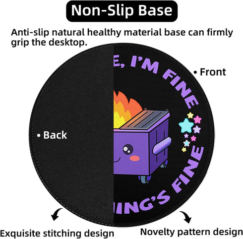 Small Mouse Pad Dumpster on Fire, Cute Funny Round Mousepad for Desk Accessories, This is Fine, 8.6 x 8.6 Inch