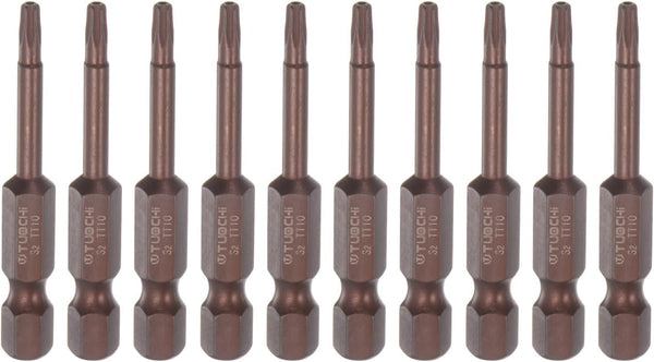 10 Pcs T10 Torx Bit 1/4" Hex Shank, 2" Length Magnetic Security Star Screwdriver Power Tool, Red
