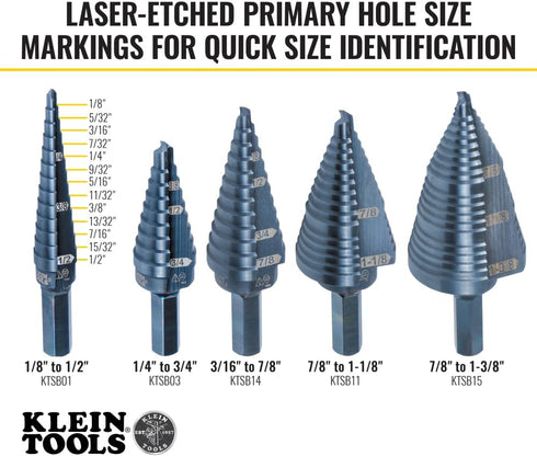 Klein Tools KTSB01 Step Drill Bit Double-Fluted #1, 1/8 to 1/2-Inch with Hex Shank