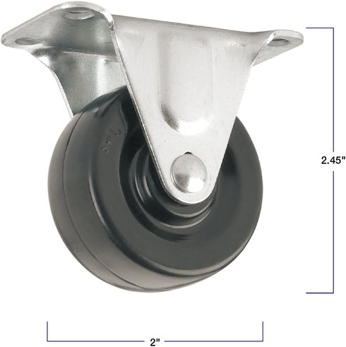 Heavy Duty Rubber Caster Wheel with Rigid Non-Swivel Top Plate - 2-Inch, 125 lb Load Capacity