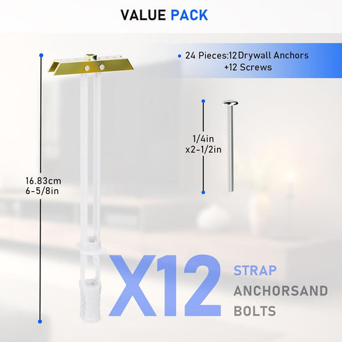 Drywall Anchor with Included Bolts for 1/4”-20, Heavy Duty Hollow Drywall Anchors for TV Mounting Kit, 12 Packs