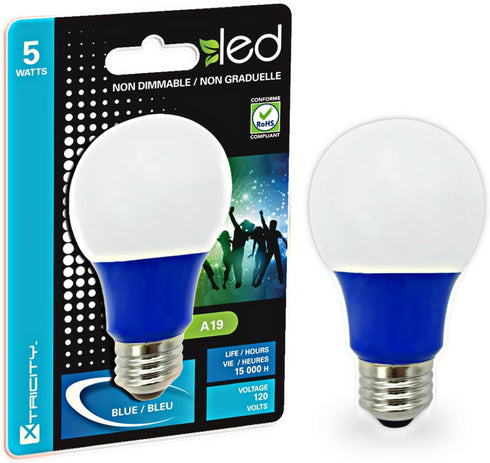 Xtricity LED A19 Blue Light Bulbs Outdoor, 5W, A19/5W/B/LED (40W Equivalent), Blue Lightbulb with E26 Medium Base, 120V, UL Listed, Blue, Colored, Porch, Holiday Lighting, Party Decoration, (1 Pack) by Xtricity