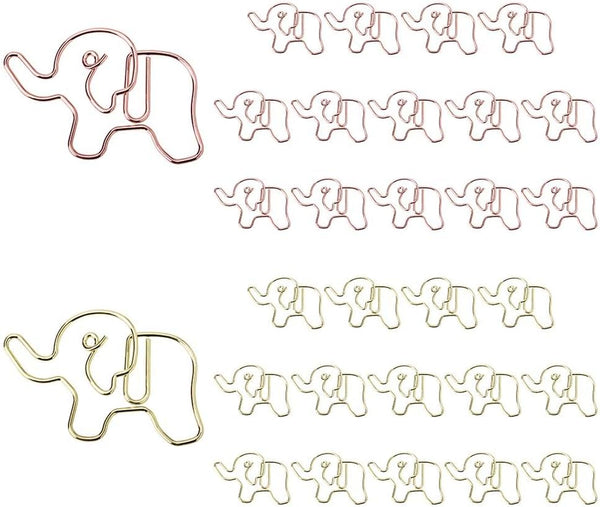 OWLFAVO 30pcs Elephant Shape Paper Clips, Clear Box, Rose Gold and Yellow Gold, Cute Office Supplies