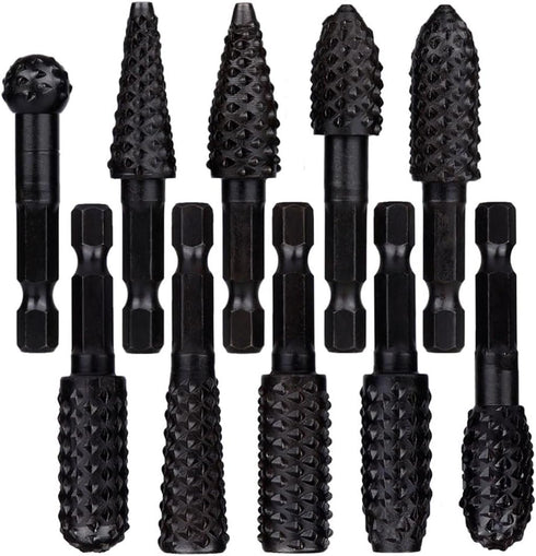 Wolfride 10Pcs Rotary Rasp File Set 1/4 Inch Hex Shank Rotary Burrs for Wood Carving