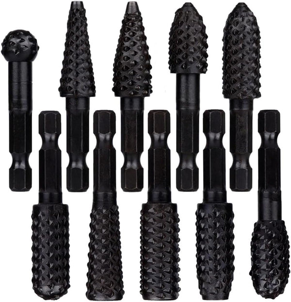 Wolfride 10Pcs Rotary Rasp File Set 1/4 Inch Hex Shank Rotary Burrs for Wood Carving