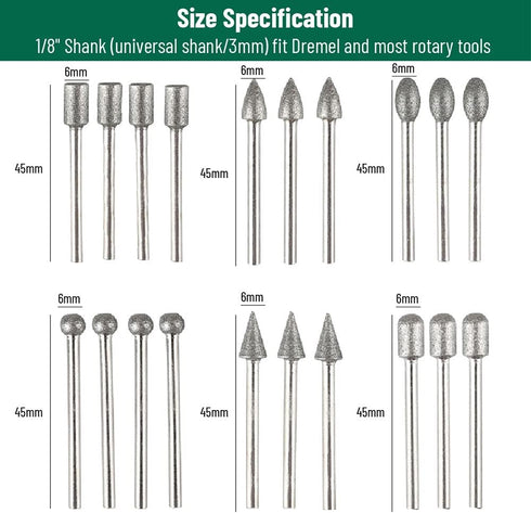 Stone Carving Set Diamond Burr Bits - 20PCS Polishing Kits Rotary Tools Accessories for Carving and Engraving