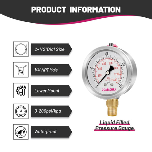 0 to 200psi Glycerin Filled Pressure Gauge, 2.5" Dial Size, Stainless Steel Case, with Vent Valve, 1/4" NPT Lower Mount, 2-1-2% Accuracy, for Water Pump, Pool Filter, Gas, Pressure Test