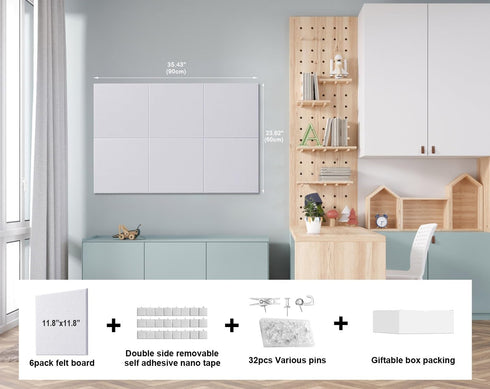 Felt Wall Tiles Bulletin Board, Large Cork Board Alternative 6 Pack 11.81”x11.81”x0.47” with Safe Removable Adhesive