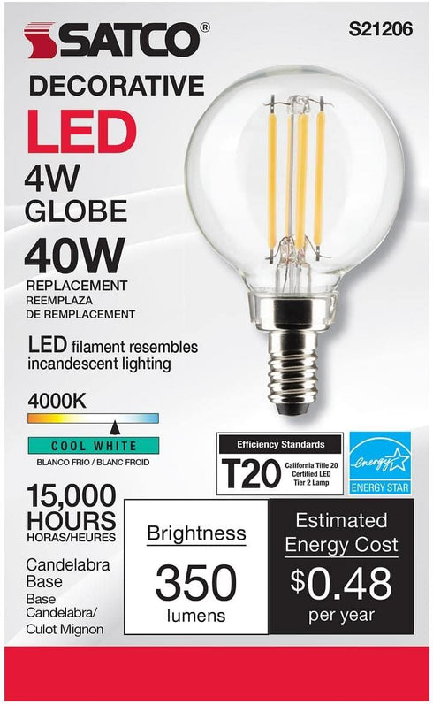 Satco 4-Watt LED E12 Light Bulb, 4000K, Dimmable, 15000 Hour Rating