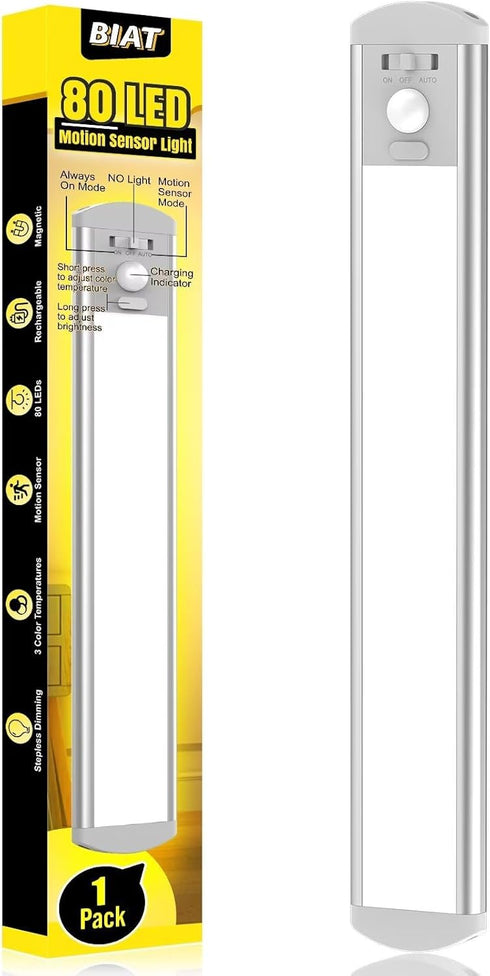 BIAT Under Cabinet Lights, 80 LED Motion Sensor Indoor, Rechargeable Closet Lights