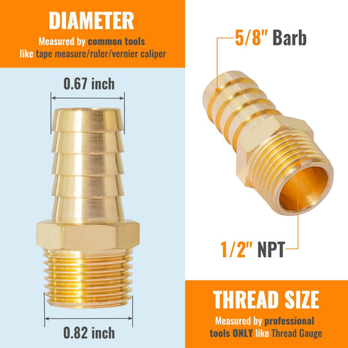 SUNGATOR Hose Barb Fittings 5/8 Inch Barb × 1/2 Inch NPT, Brass Air Hose Barb Fittings, 5/8" Barb to 1/2" NPT Male Hose to Pipe Fitting Adapter Connector, Barbed Air Hose Repair Fitting Kit (6 Pack) by SUNGATOR