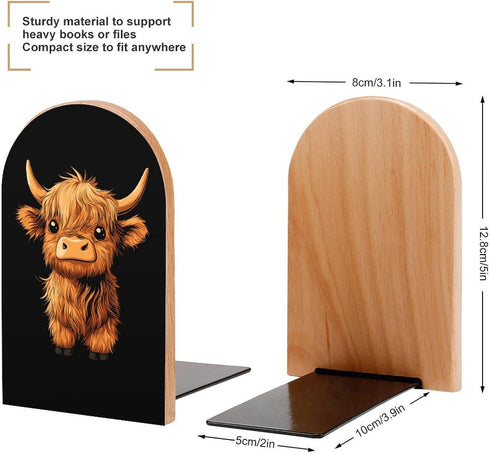 Generic 5 3.1 3.9 Inches Cartoon Highland Cow Wood Book Ends Holder Stand Cute Desk Decor Bookends