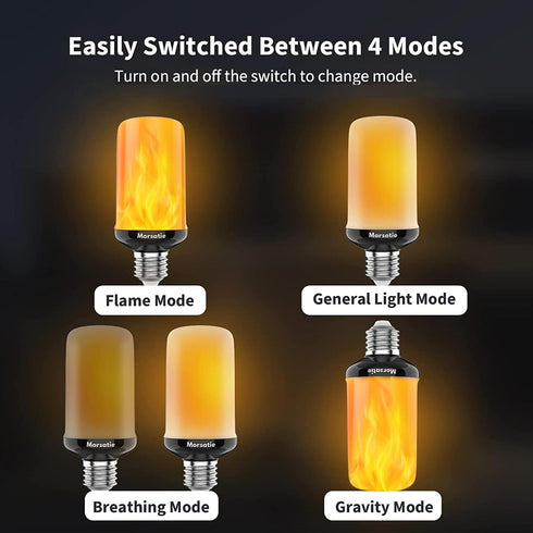 Upgraded Flame Morsatie LED Flame Light Bulbs, 4 Modes Flickering Light Bulbs with Gravity Sensor, E26 Fire Light Bulb