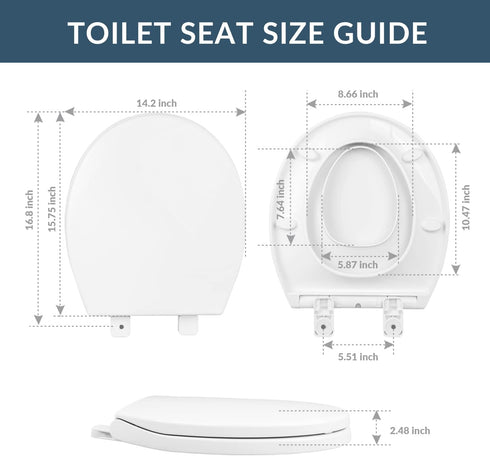 Slow Close Round Toilet Seat - Easy Clean Plastic in White