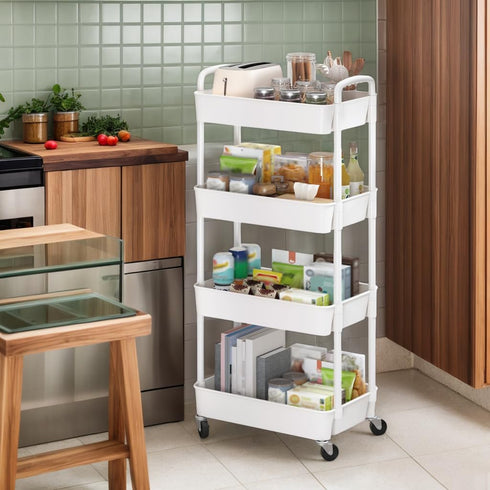 4-Tier Rolling Utility Cart with Handle Multi-Functional Storage Trolley with Wheels, Movable Organizer for Kitchen