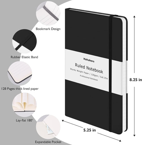 Huhuhero Lined Journal Notebooks for Work, Hardcover Leather Journals for Writing, 5.25"×8.25" (1, Matte Black)