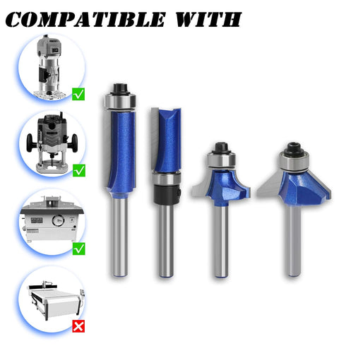 BENESOON 4PCS Set 1/4 Inch ,45 Router Bit Shank, Tungsten Carbide Tip Includes Top Bearing Flush Trim, Pattern Template