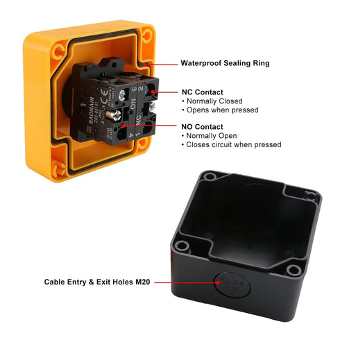 Baomain Red Sign Emergency Stop Switch, 660V Weatherproof Push Button Switch with Box